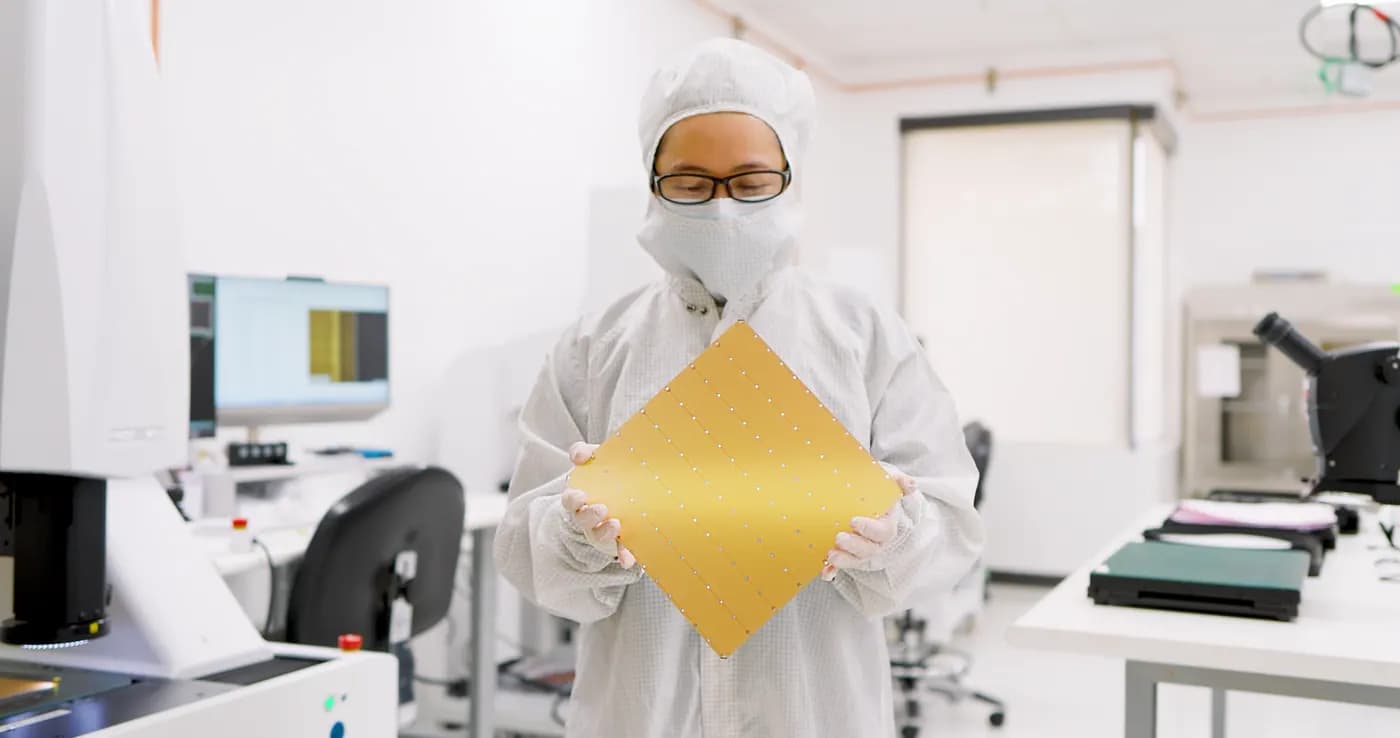 Cerebras Wafer-Scale Engine held in a cleanroom