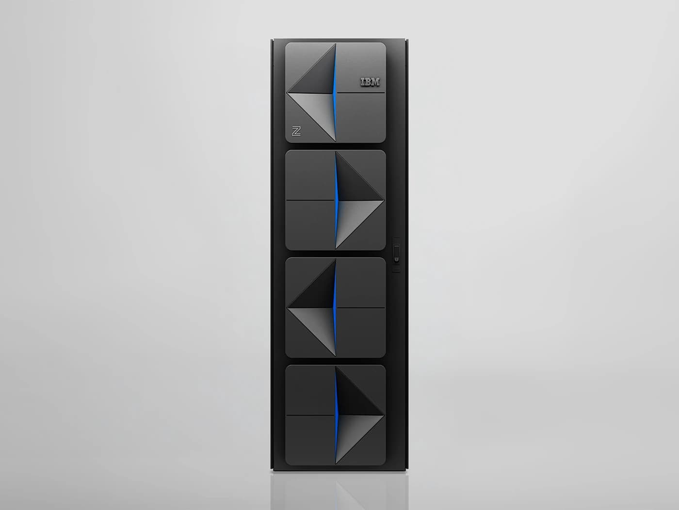 IBM z17 single-frame system — matte black four-module cabinet with blue LED accents, IBM product photography