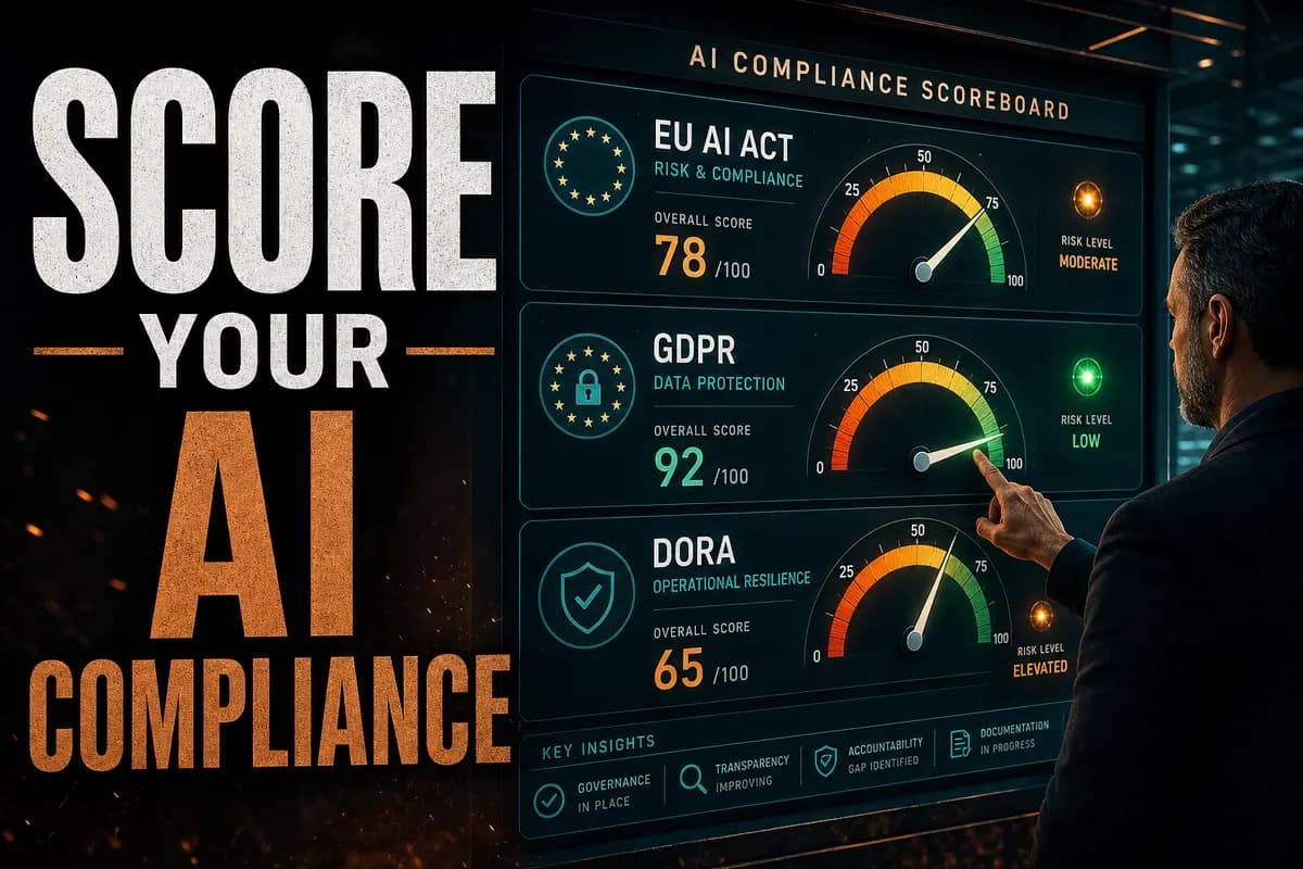 Illustrative AI compliance scoreboard with EU AI Act, GDPR, and DORA gauges