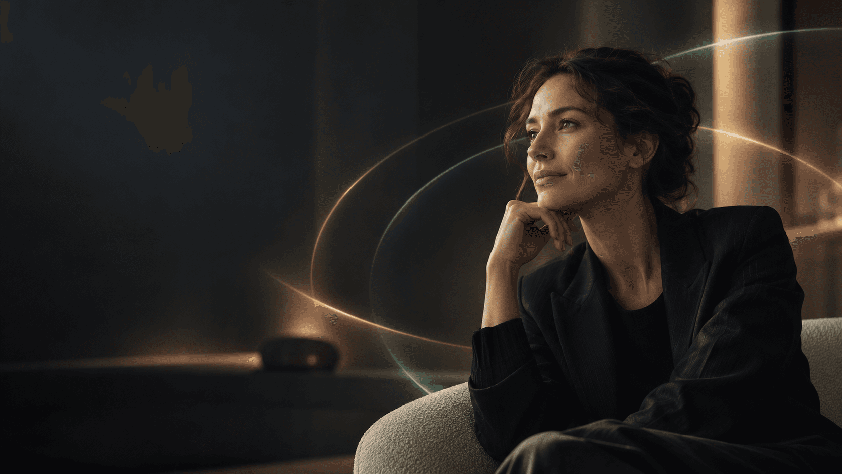 Illustrative concept image of a person in a warm, modern conversational setting