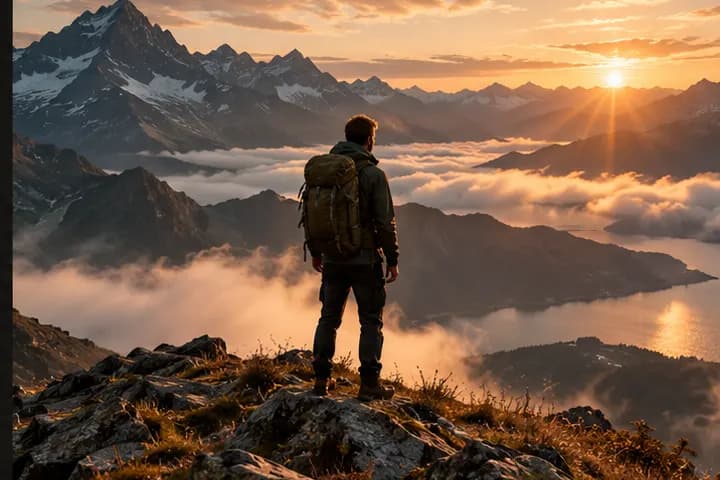 Hiker looking across a misty alpine ridge at sunrise, an illustrative atmosphere-film direction