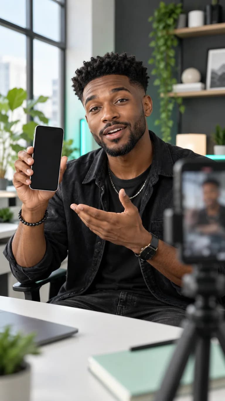 Illustrative tech creator presenting a phone