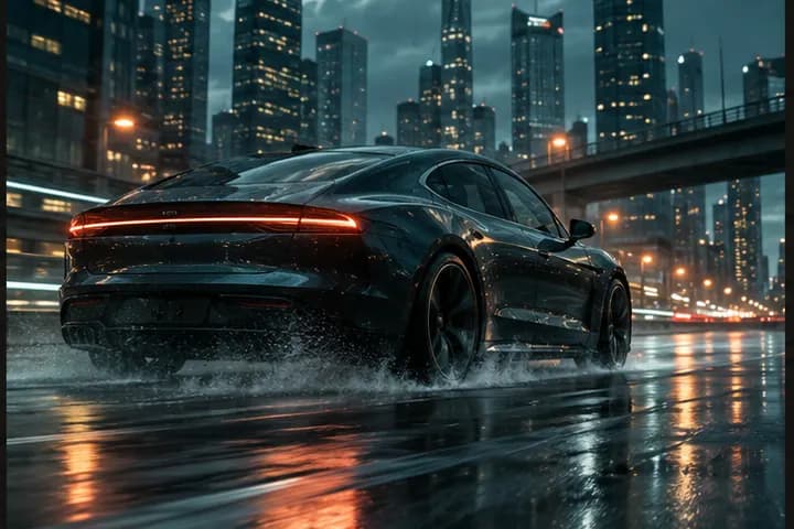 Electric coupe moving through a rain-lit city, an illustrative motion-film direction