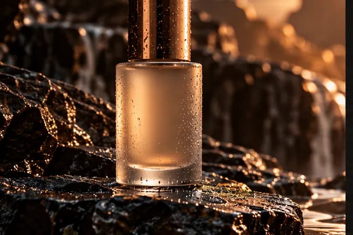 Amber-lit skincare bottle on dark stone, an illustrative product-film direction
