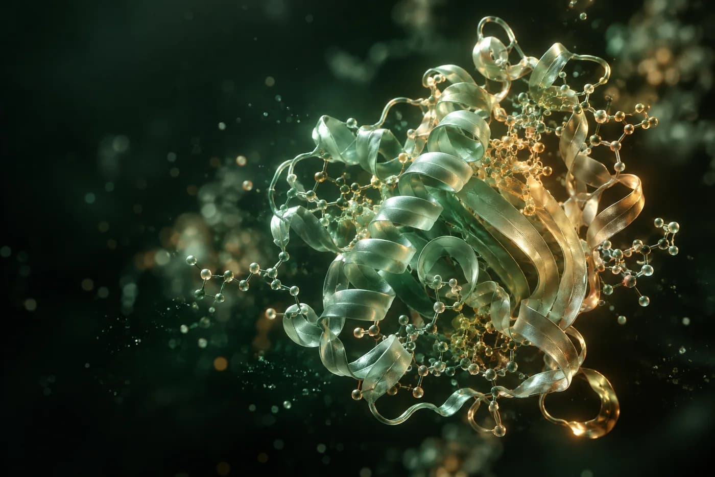 Illustrative protein ribbon with molecular details in jade and amber light