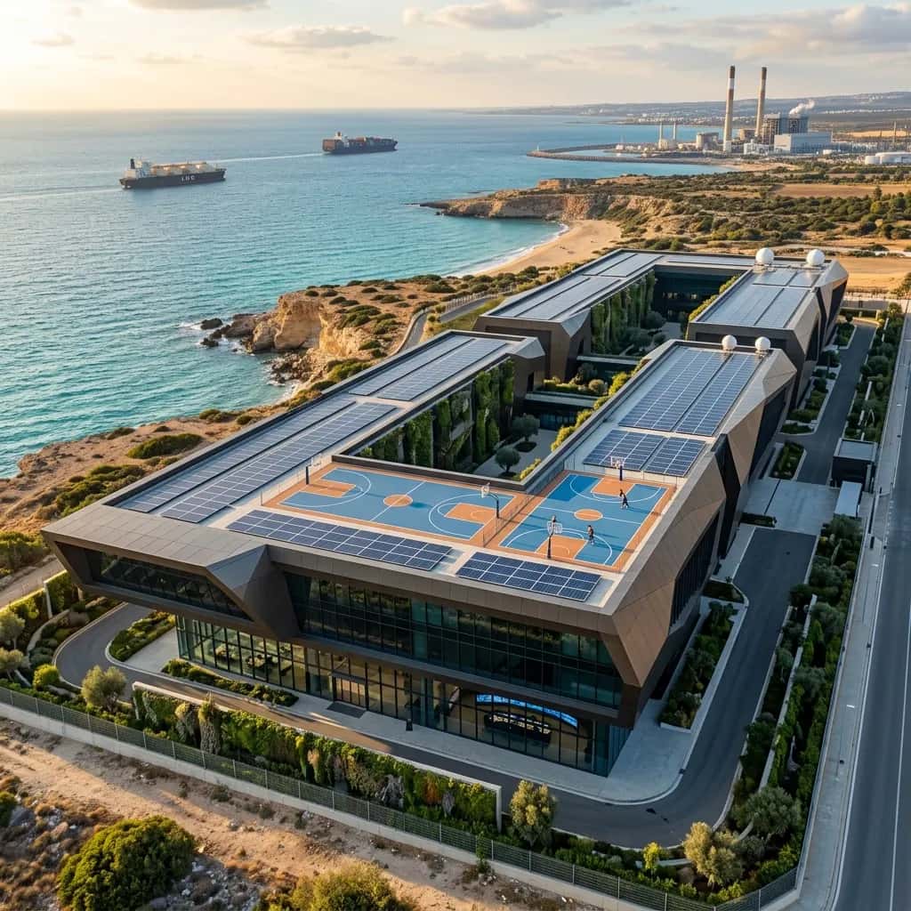 Concept render of AGICY planned Vasilikos Cyprus AI campus at night — pre-construction