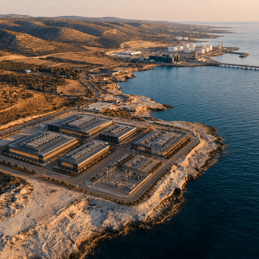 Concept render of the completed AGICY sovereign datacenter on the same Vasilikos plot